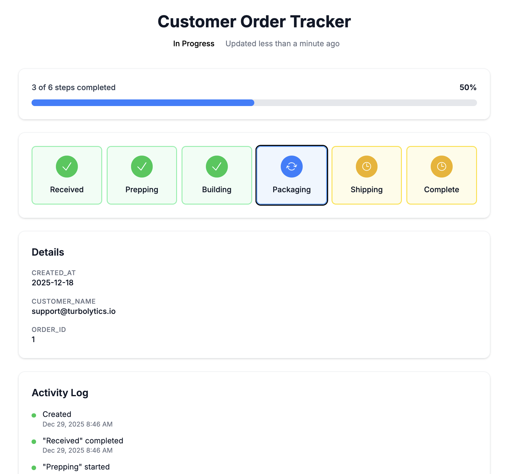 Public Tracker showing real-time order status